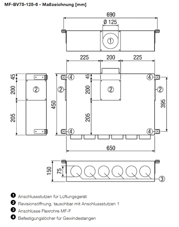 Maico Air distributor Kasten made of Sheet metal, 6-compartment MF-BV75-125-6